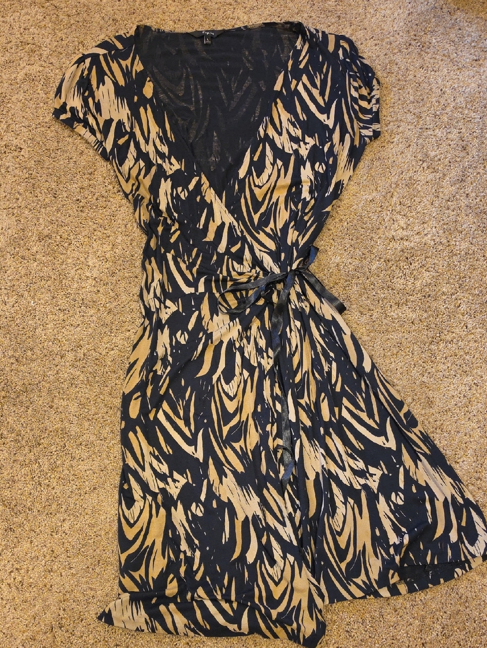 Express Black and Tan Printed Wrap Midi Dress with V-Neck
